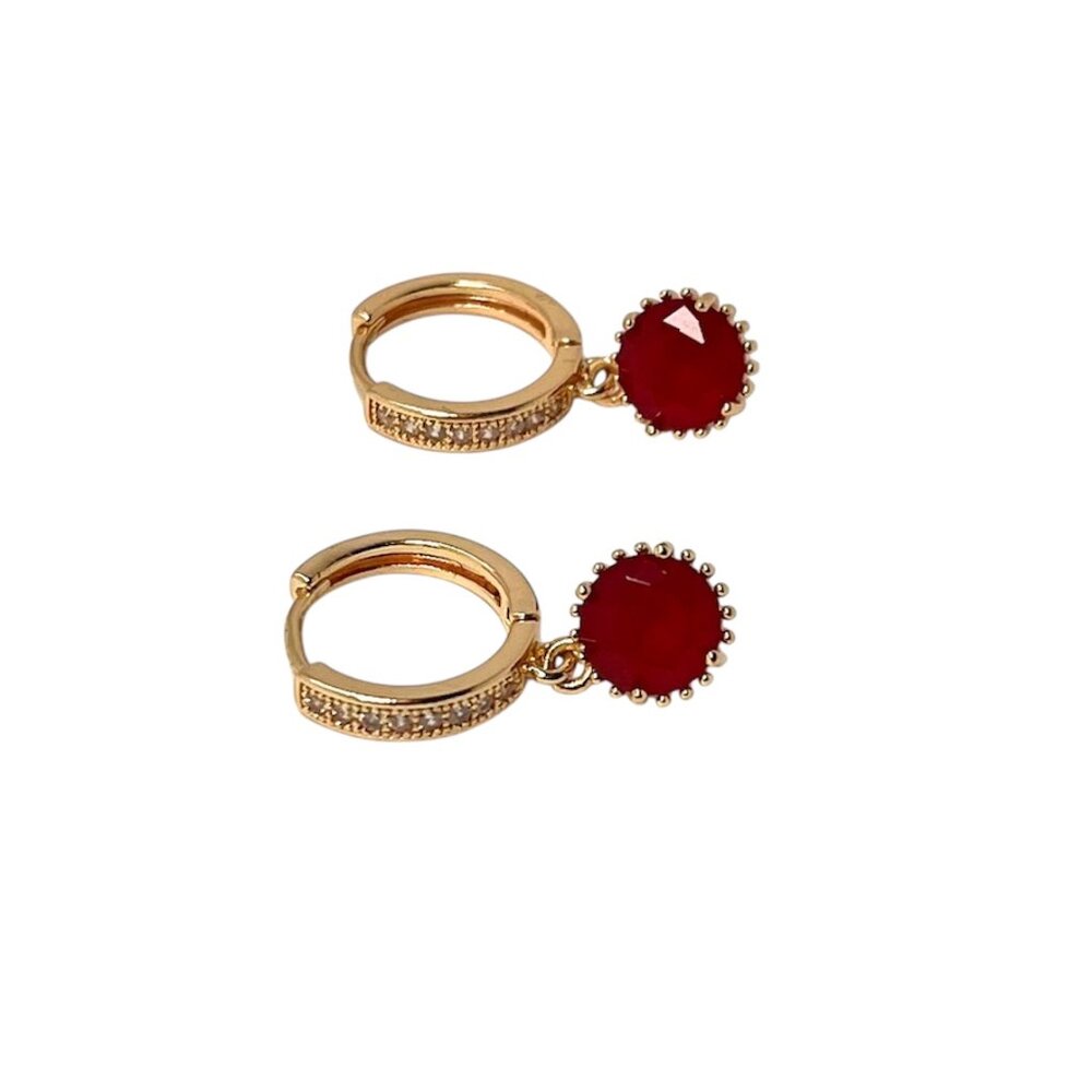 Gold-Tone Hoop Earrings with Red Stone Dangles – Elegant & Sparkling Chic